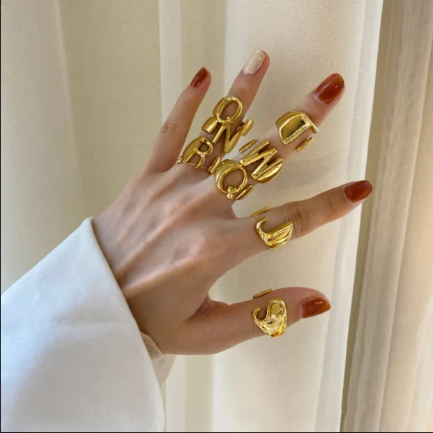 

Fashion Open Size 18K Gold Plated Brass Initial Rings 26 Letters Finger Rings for Women and Men