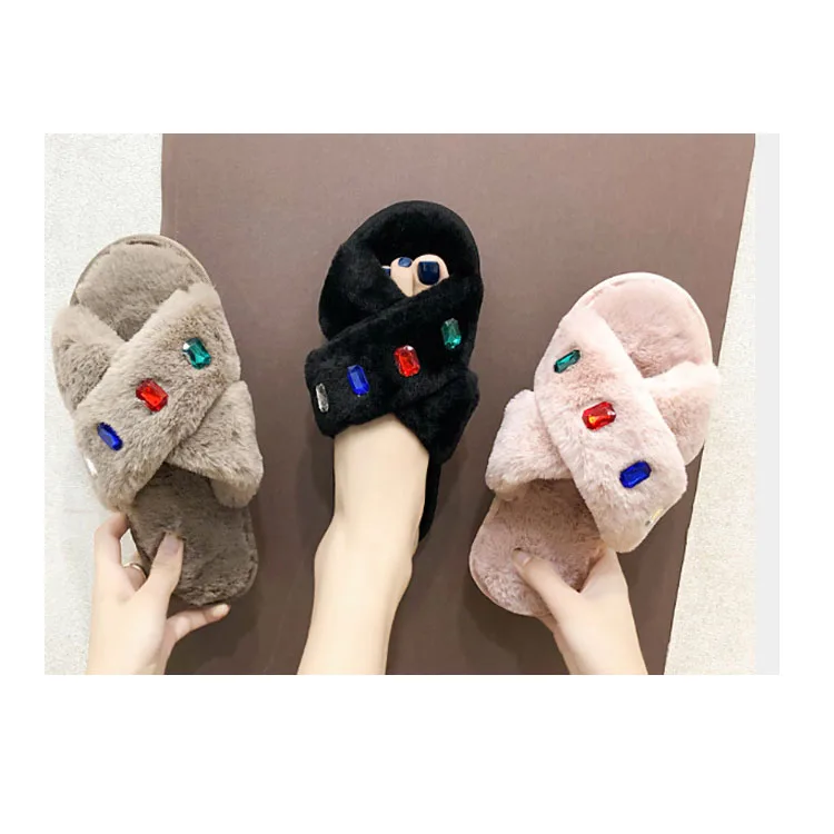 

Winter Indoor House Fur Fuzzy flufy Open Toe Cross Band Cozy Slip Warm Sandals rhinestone Plush slippers for women, Picture shows