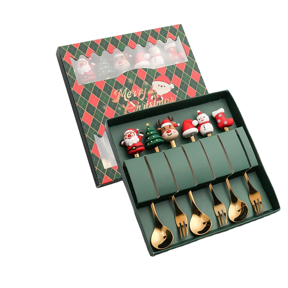 

Hot sale custom Christmas metal coffee spoon stainless steel spoon and fork set with box