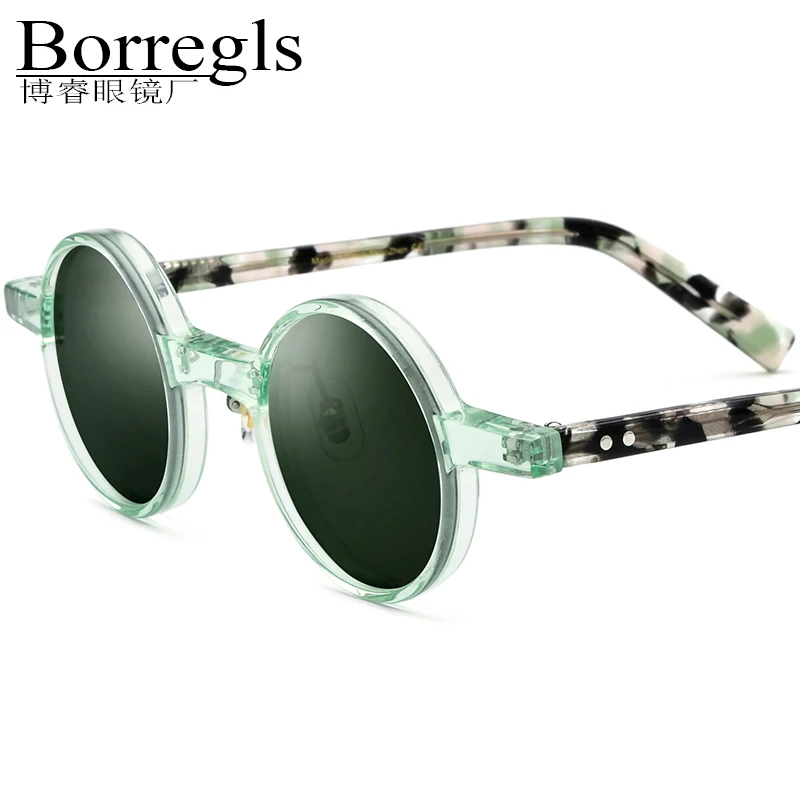Borregls Acetate Polarized Sunglasses Men New UV400 Retro Vintage Transparent Round Sun Glasses Women Mirrored Shades 19177T