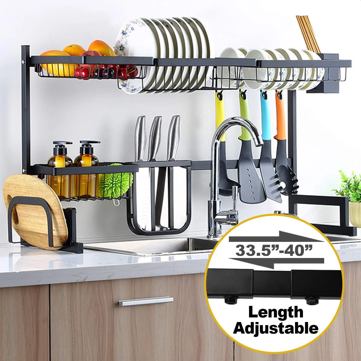 

2021 New Design Hot Popular Stainless Steel Black Coating Kitchen Organizer Set Bowl Knife Dish Drying Rack, Black/ silver