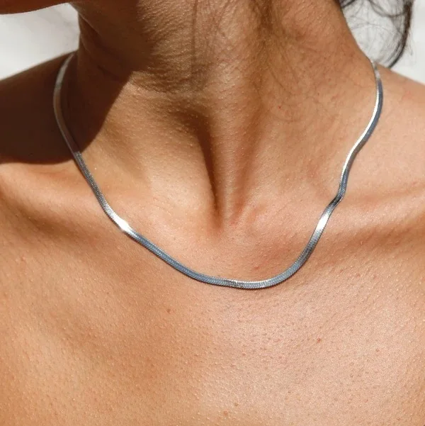 

Hot selling trend minimal stainless steel jewelry 3mm silver flat snake chain choker necklace for women men