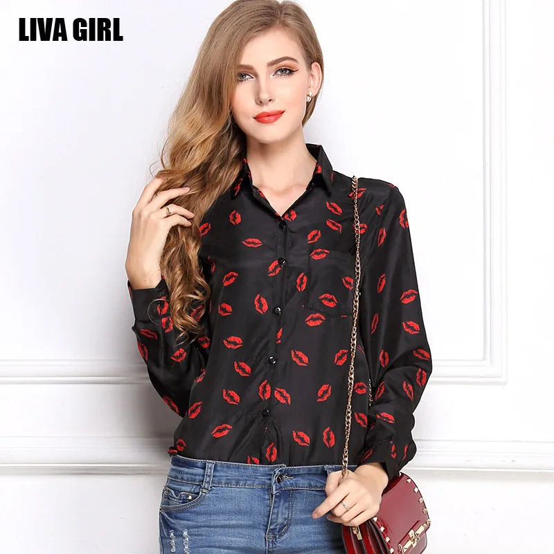 

Hot selling long sleeve lips printed chiffon sexy black shirt woman