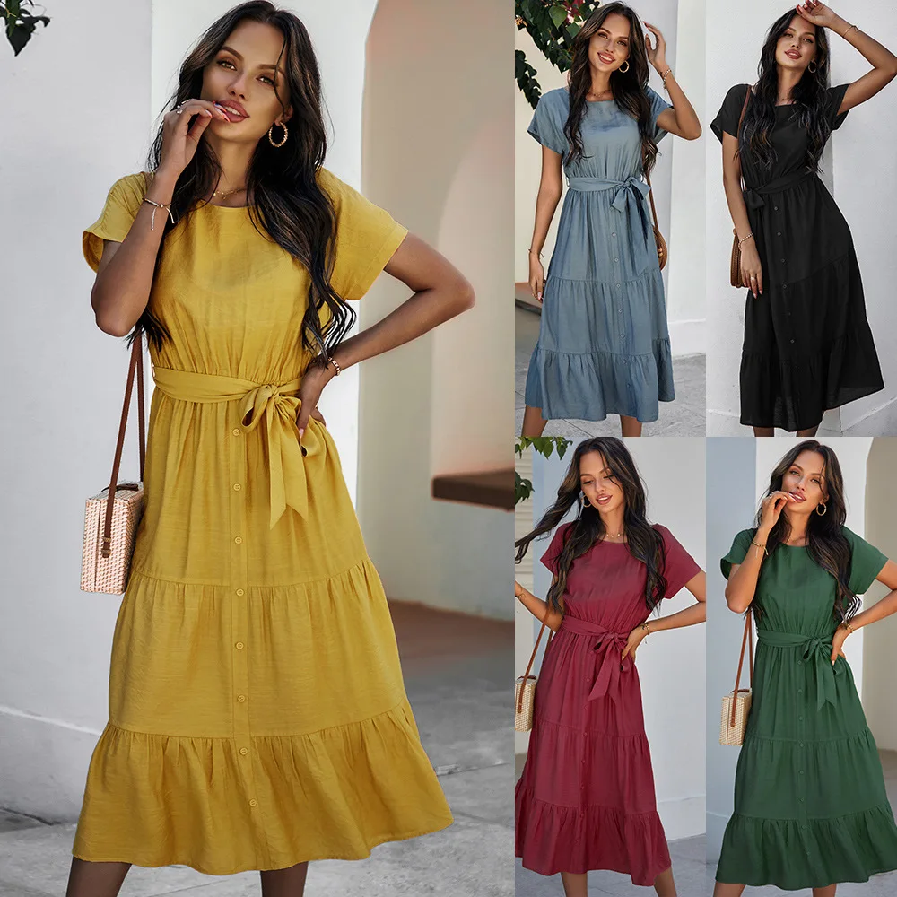 

Summer Fashion Long Dress for Women Vintage Solid Yellow Silk Women's Clothing Causal Bohemian Sexy Soft High Waist Robe