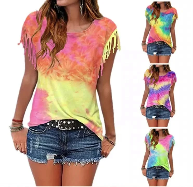 

Wholesale Summer Colorful Tie Dye Tassel T Shirt Women Plus Size Short Sleeve T Shirts