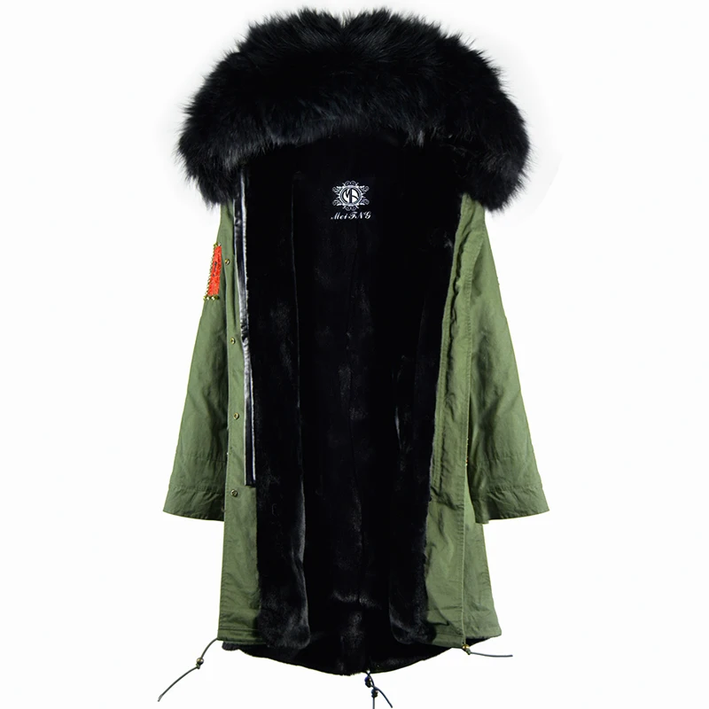 

Wholesale Winter Thick Raccoon Fur Parka Faux Fur Lined Men Jacket With Special Beading Badge, Army green