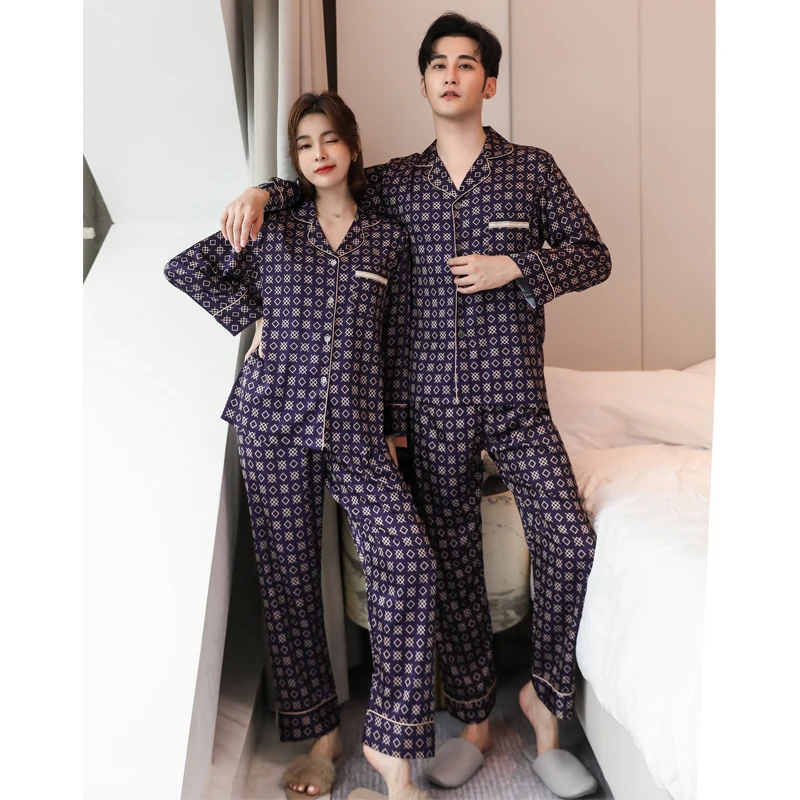 

2021 wholesale pajamas new male silk 2 piece set women pajamas couples sleepwear