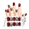24pcs Short Fake Nails with Glue Tabs Full Cover False Nai Women Party Wedding Christmas Bride Wine Red Nail Tips NC0762