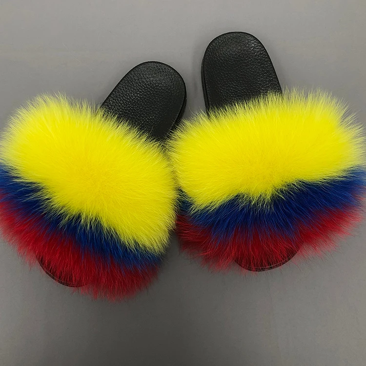 

Wholesale rainbow color summer pvc flat bottom big real fox fur slippers, Customized color