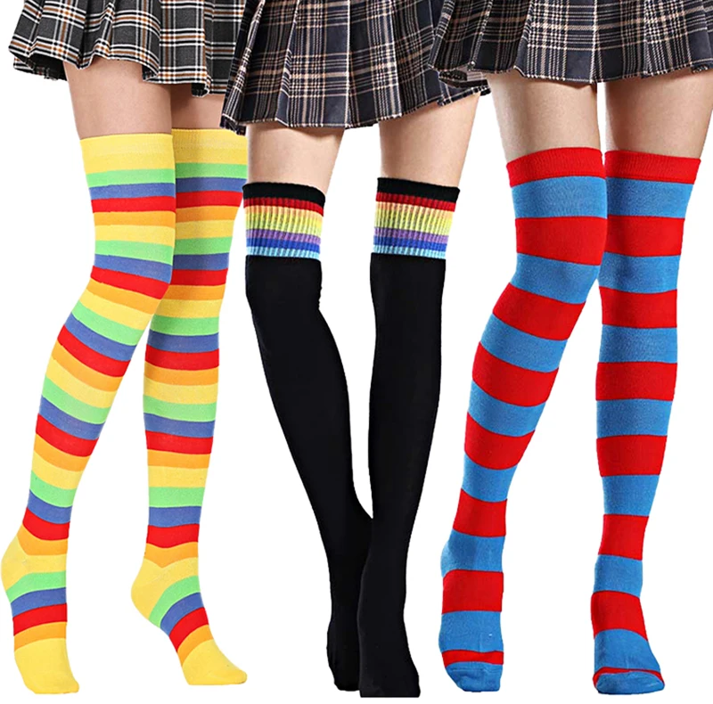 

Wholesale Custom Socks Women LOGO Rainbow Stripe Knee Thigh High Socks Over Thigh Valentine's Day Socks Nylon Sexy Stockings, Custom color
