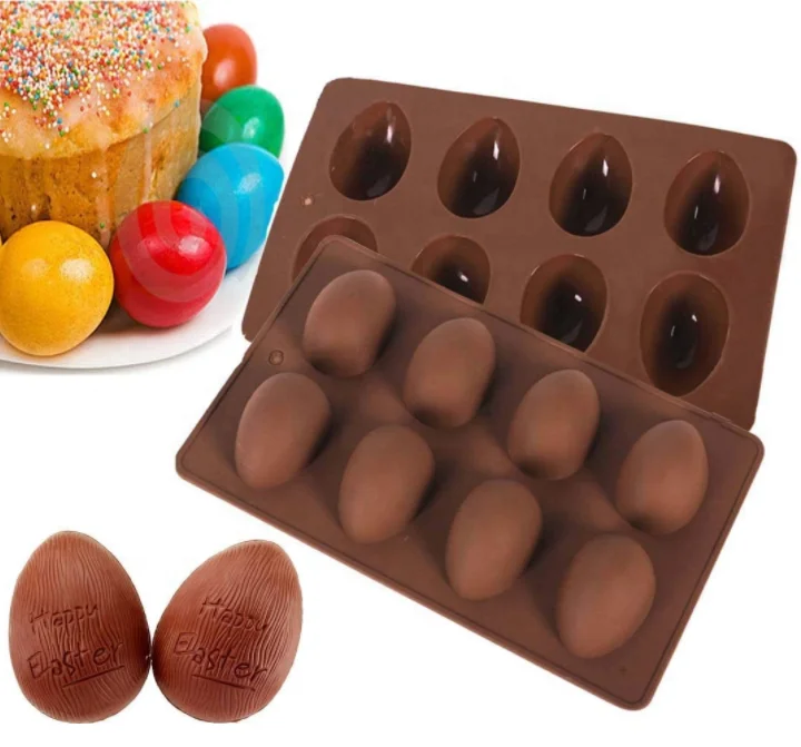 

8 Cavities Food Grade Baking Easter Silicone Egg Shape Chocolate Mold for Candy Cookie Party Cake Decoration, Brown, blue, pink