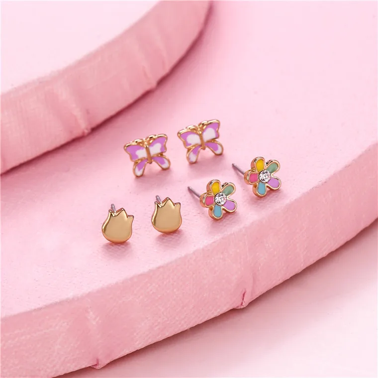 

HOVANCI fashion trend kids cartoon cute flower rose butterfly shape dripping oil tiny stud earrings for baby girl, Gold