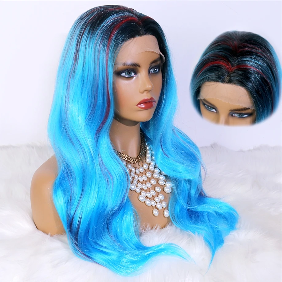 

Blue Dark Roots Ombre Red Synthetic Lace Front Wig Glueless Heat Resistant Hair Wave Drag Queen Halloween Wig Amazon Hot Sale