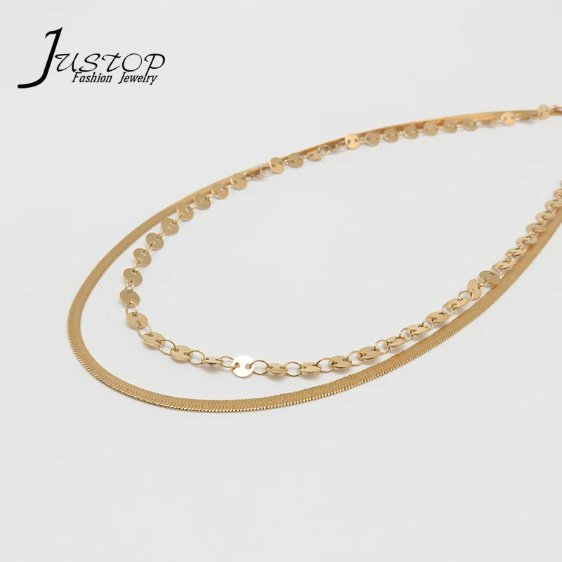 

Stainless Steel Jewelry Layer Necklaces 18k Gold Plated Stylish Mini Coin Charm Chain Snake Chain, As picture