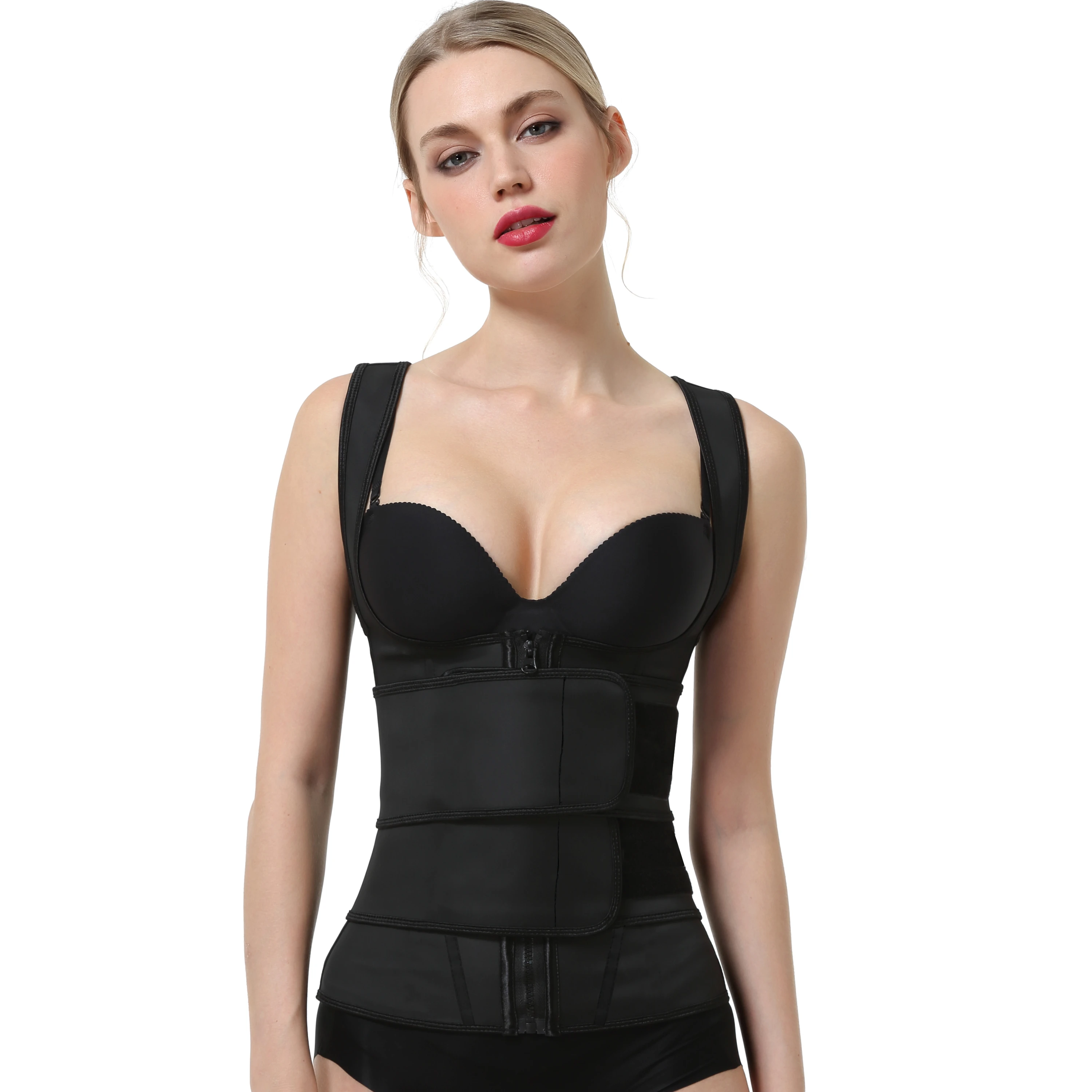 

Custom Logo Slimming Vest Body Shaper Usa Neoprene Women Double waist zipper vest, Black
