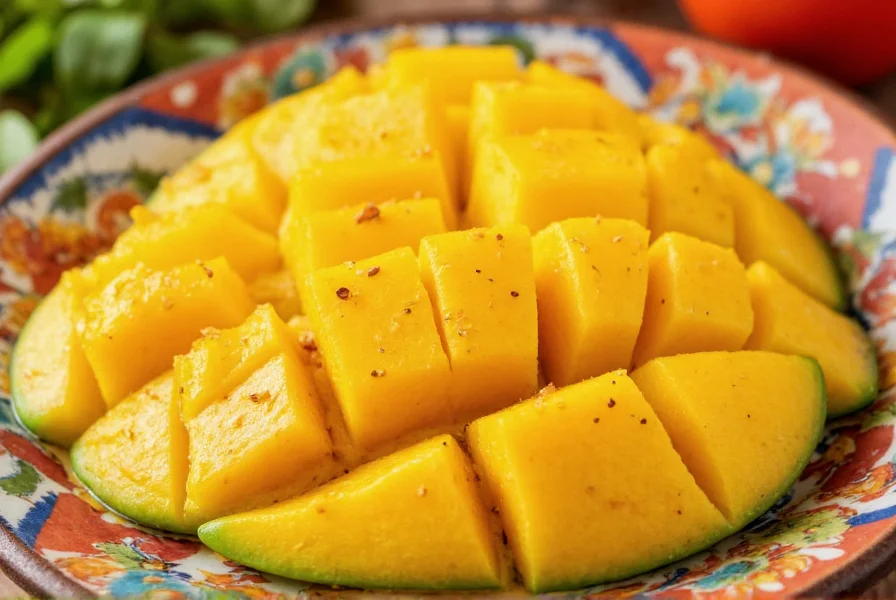 Close-up of fresh mango slices sprinkled with chili lime seasoning on a colorful Mexican ceramic plate