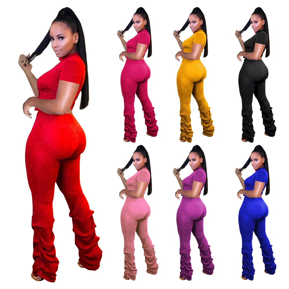 

MD-20051502 2022 Sparkly Summer Jogging Set Stacked Pants 2 Piece Set Women Summer Solid Colour 2 Pc Summer Set