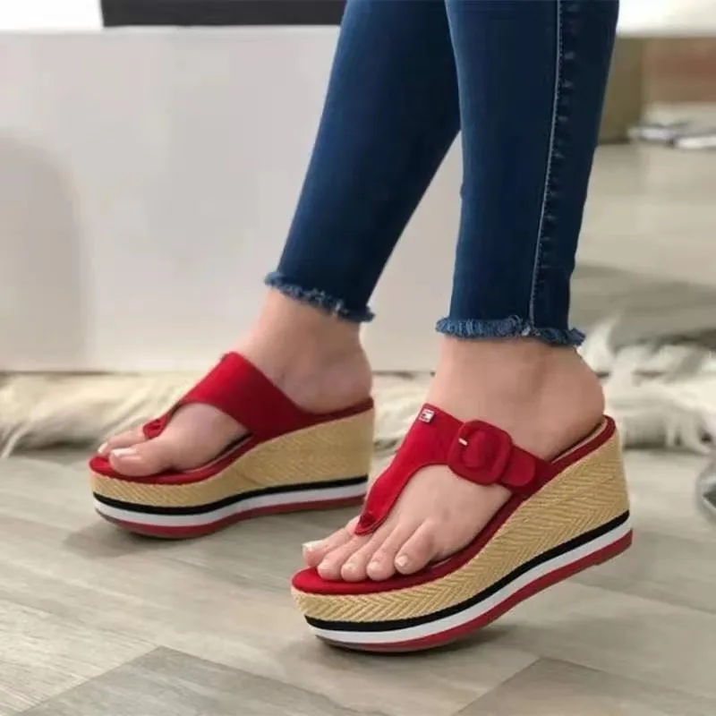 

New Ladies Shoes Peep Toe Sandal Women Summer Flip Flop Wedge Heel Platform Sandals, Black/white/red