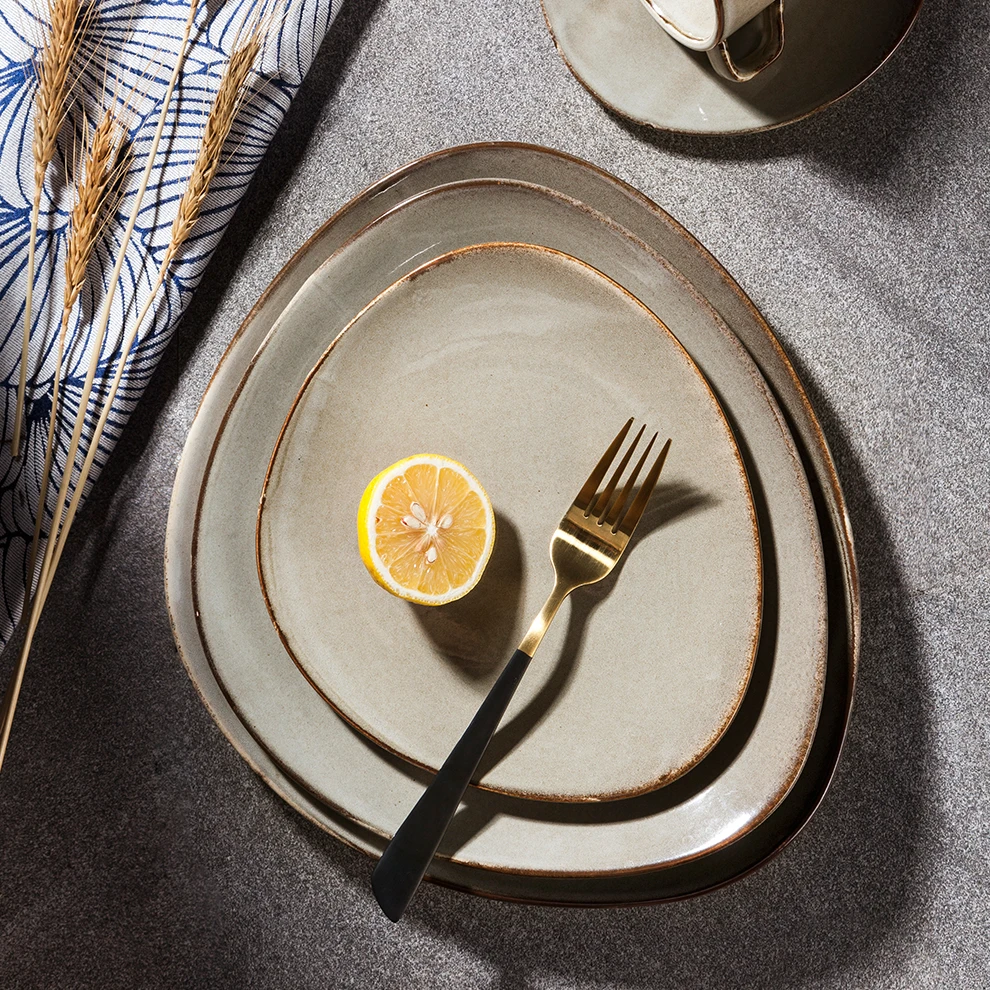 

New products durable Yayu grey dish for western restaurant china_tray triangular flat plate china tray