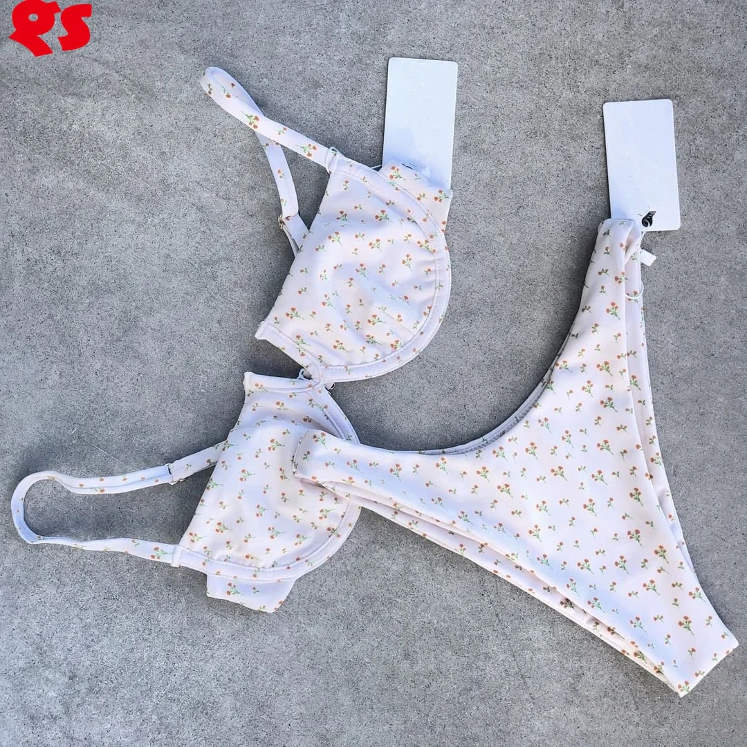 

2020 Summer Beachwear Mini Floral Polka Dot Print Underwire Bikini, As picture