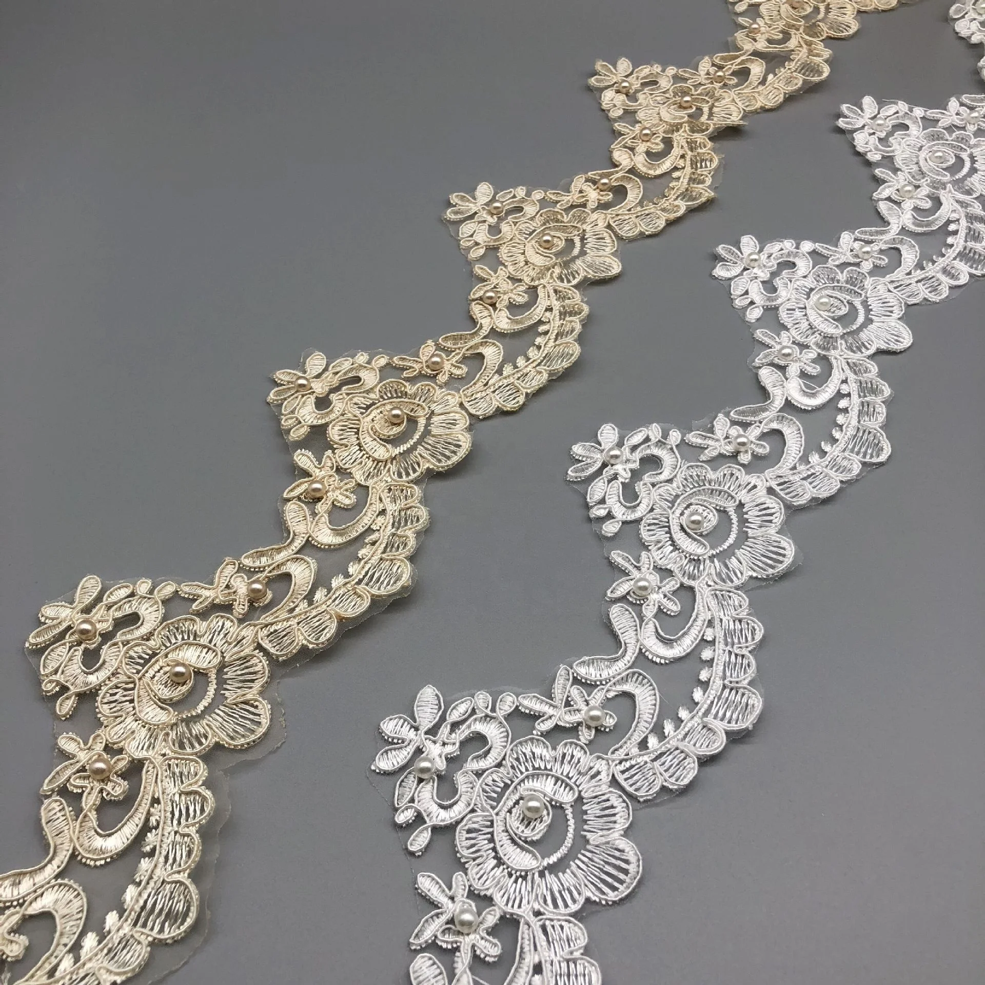 

Fashion khaki color curtain lace mesh net embroidery trim with pearl, Accept customized color