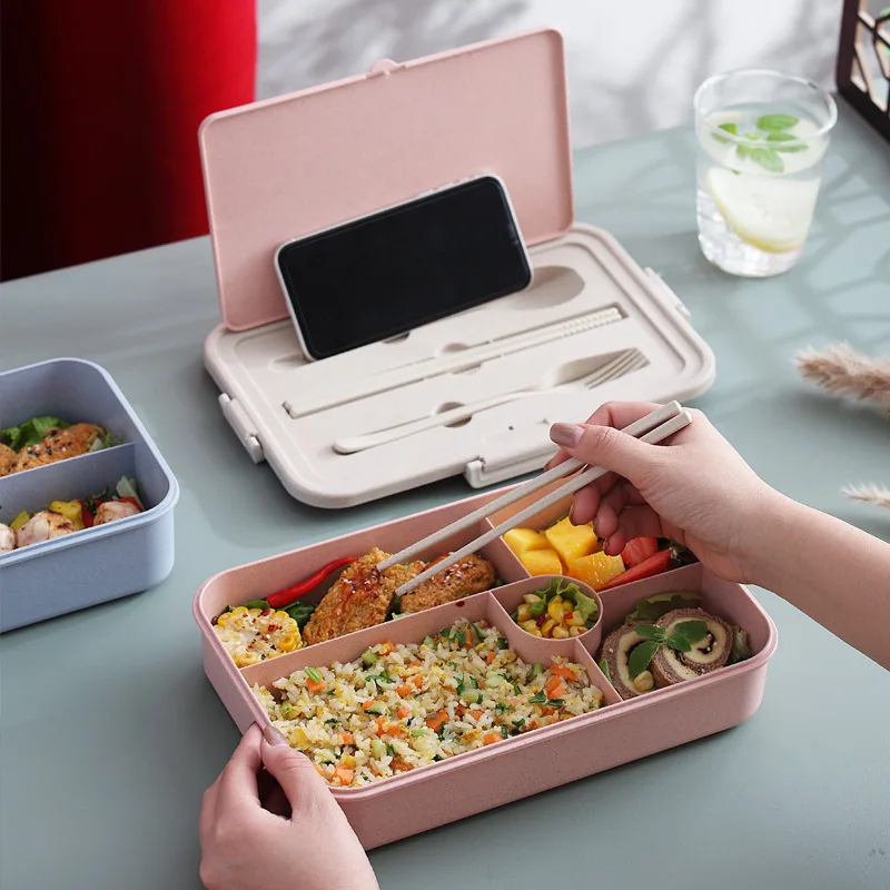 

Eco Friendly Wheat Straw Fiber Bento Box Lunch Food Container Lunch Box With Fork Spoon Cutlery Set, Blue, pink