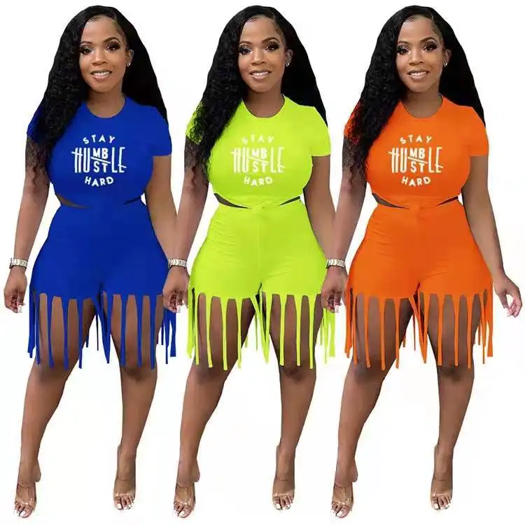 

2021 latest design trendy graphic t shirt and shorts set two piece set women summer fashion streetwear, 3 colors as picture