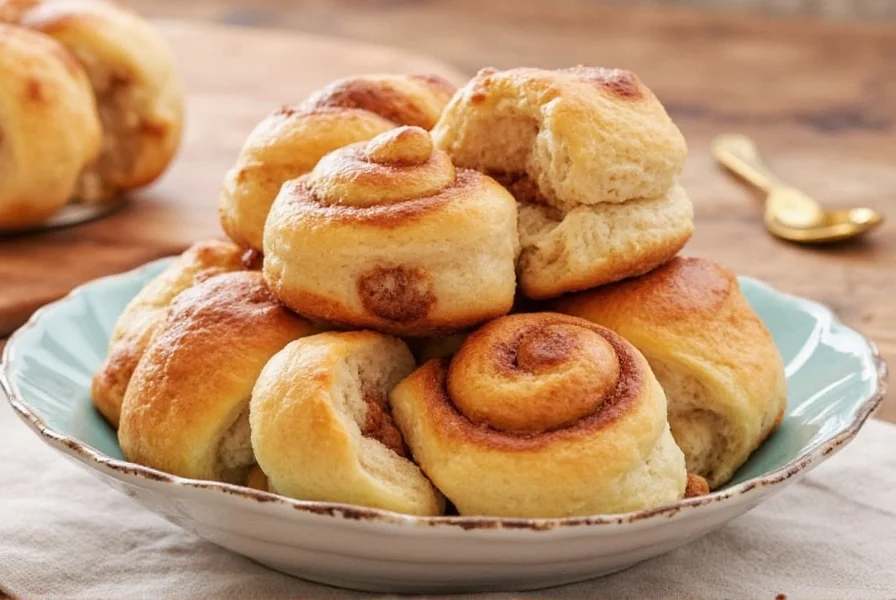 Overhead photo of golden brown cinnamon rolls with creamy glaze dripping down sides, arranged in baking dish with coffee cup nearby