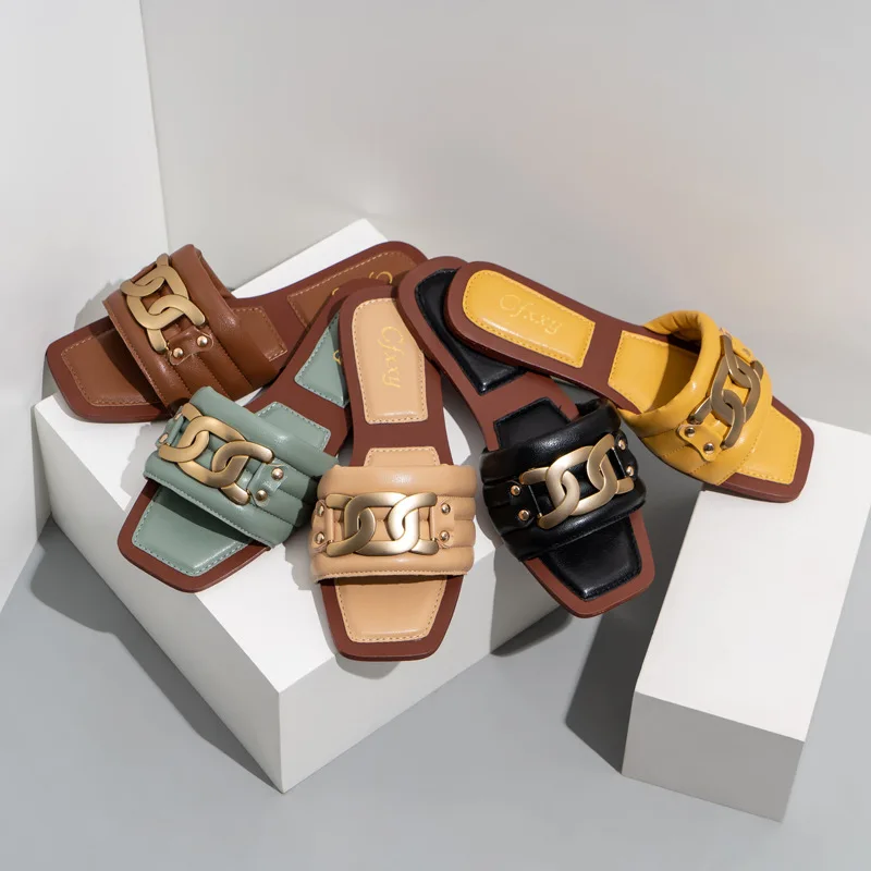 

2021 summer flat slippers metal buckle flat heel women sandals, Black yellow blue bige brown