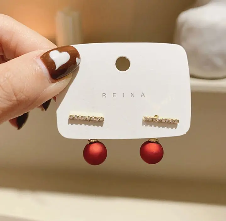 

Korean S925 silver post simple diamond red pearl earrings personality temperament earrings women