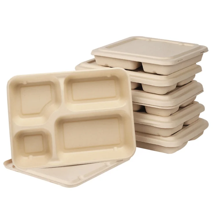 

Biodegradable Disposable Takeaway Sugarcane Bagasse Food Tray with Lid, White color,natural color