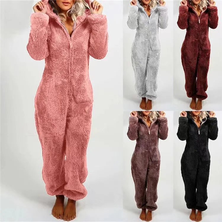 

FMY144 Winter Warm Pyjamas Women Onesies Fluffy Fleece Jumpsuits Sleepwear Overall Hood Sets Pajamas For Women Adult