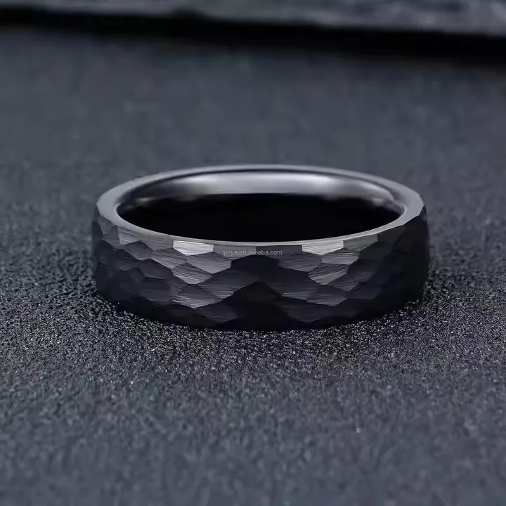 POYA Jewelry Unisex  6mm Black Hammered Tungsten Carbide Ring Trendy Wedding Engagement Anniversary Party Gift