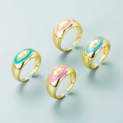 

Wholesale Real Gold Plated Multi Color Oil Dripping CZ Eyes Open Rings Crystal Drop Oil Evil Eyes Ring For Women