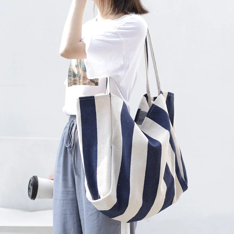 

Korean Leisure Vintage Stripes Shoulder Bag for Ladies Large Capacity Shopping Bag Oversize Canvas Tote Bag