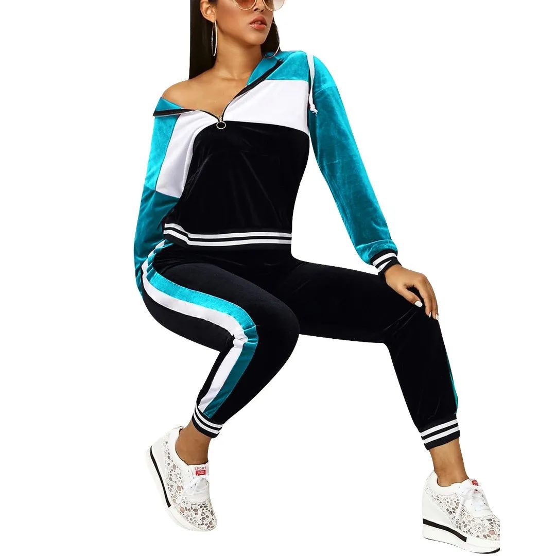 

Two-piece set stripe design zipper jumper velvet patchwork sport jogging pants suit FM-J6126