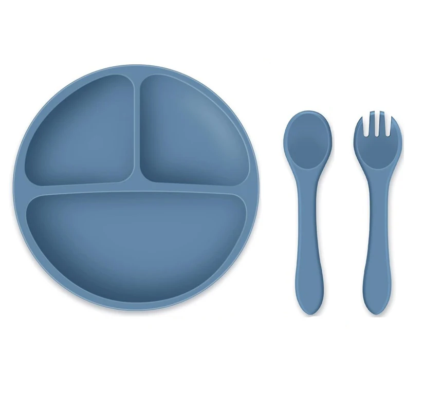 

Food Grade Divided Silicone Baby Plate Set Kids Toddler Feeding Silicone Suction Plate with Spoon Fork