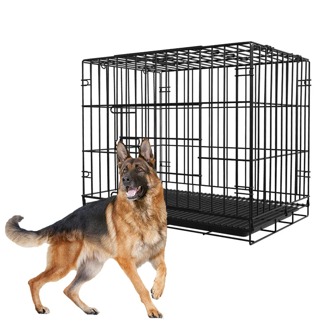 

zss315 Double Door Wire Folding Dog Crate,Professional High Quality Metal Dog Kennel Heavy Duty Large Animal Dog Cage, Black