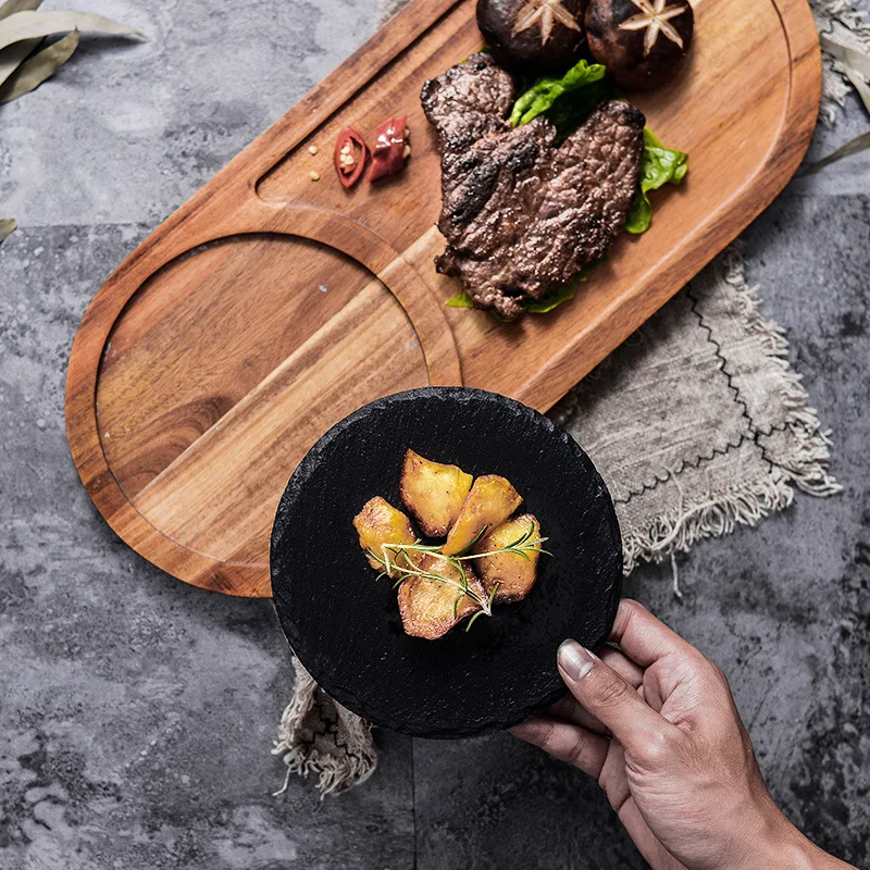 

Amazon hot sales Western-style Steak Sushi food plate dish, acacia wood food plate with rock plate