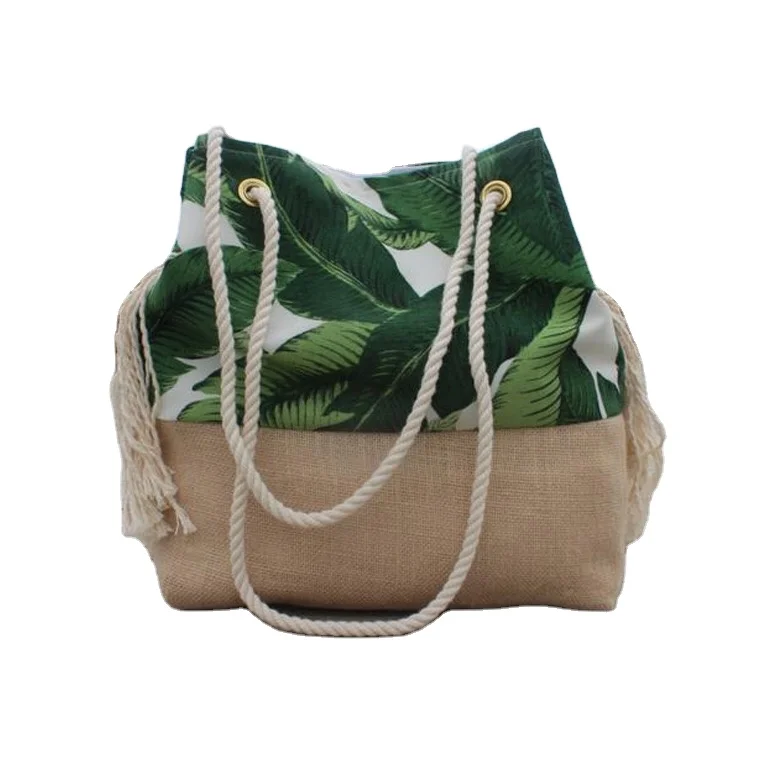 

Tropical print seaside travel burlap stitching new shoulder shopping tote bag, Green