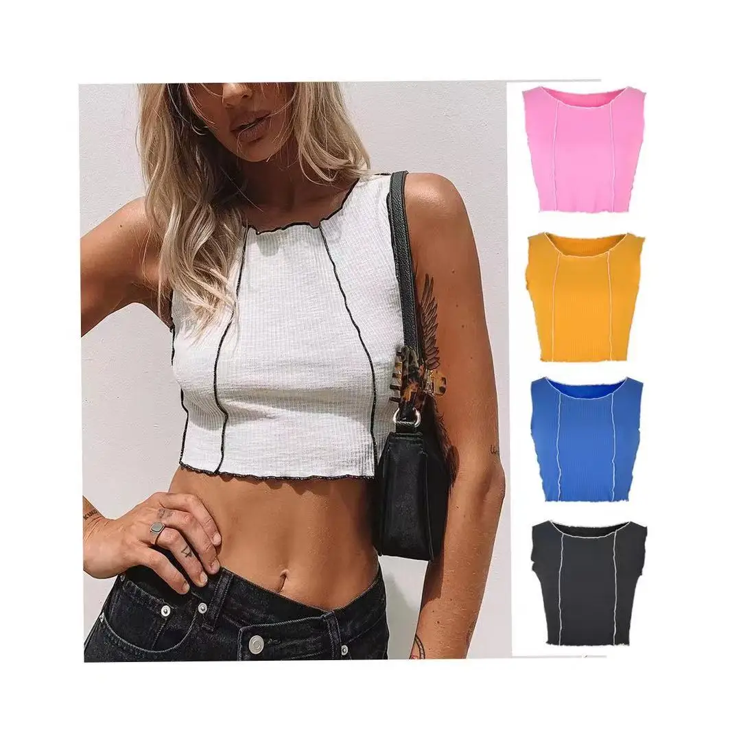 

2021 New summer women's round neckline custom knit sleeveless tank top ruffles ribbed vest crop top