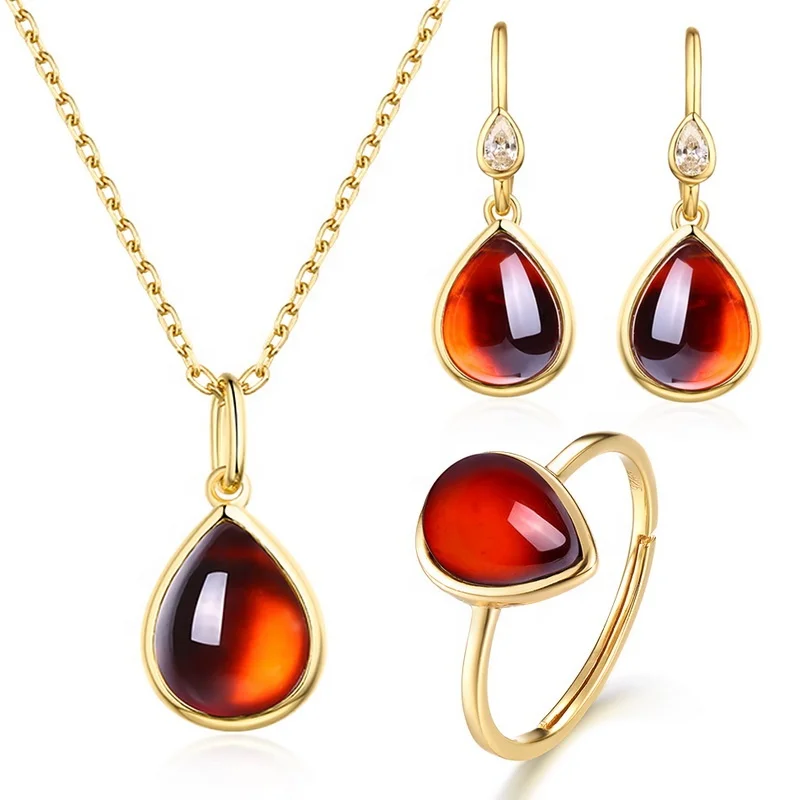 

Custom simple design jewelry set topaz pear shape 925 Silver bridal waterdrop garnet jewelry sets