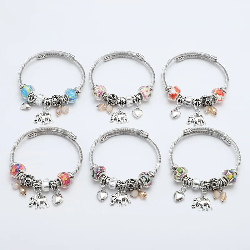 

Hot sale Stainless steel bracelet Elephant Love Pendant Beaded bracelet jewelry for women, 6 color