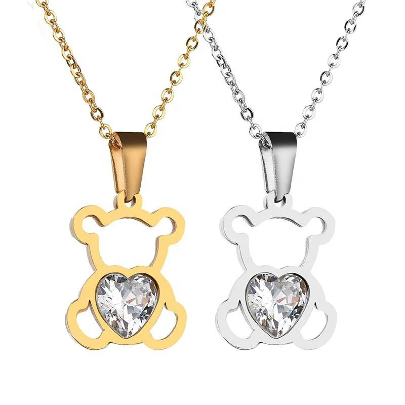 

Factory Direct Sale High Quality Hot Selling Fashion 316L Stainless Steel Cute Hollow Out Little Bear Pendant Necklace, Silver,gold