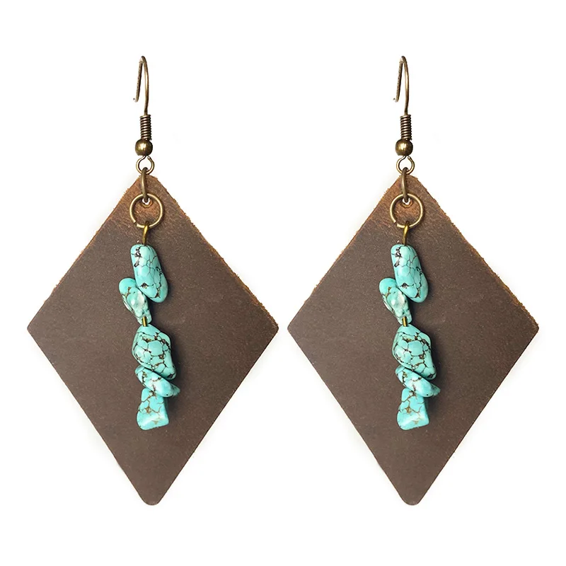 

Genuine Leather cowhide Texture Turquoise Geometric Earrings Western Style Retro Earrings Personality Vintage Ethnic Jewelry