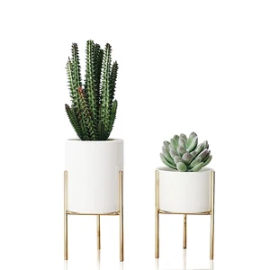 Image of Wholesale Indoor Outdoor Modern Cylinder Ceramic Flower Plants Pots Holder with Metal Stand for Garden