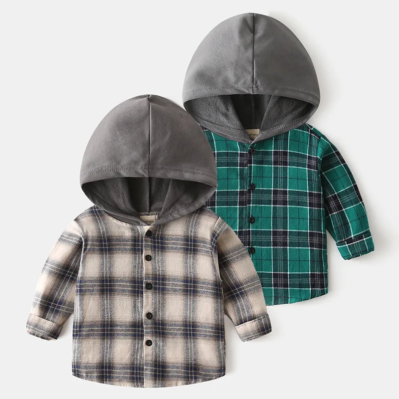 

In Stock Spring Autumn Fashion Plaid Design Hooded Shirts Kids Clothes Boys Hoodie Children Clothing Wear