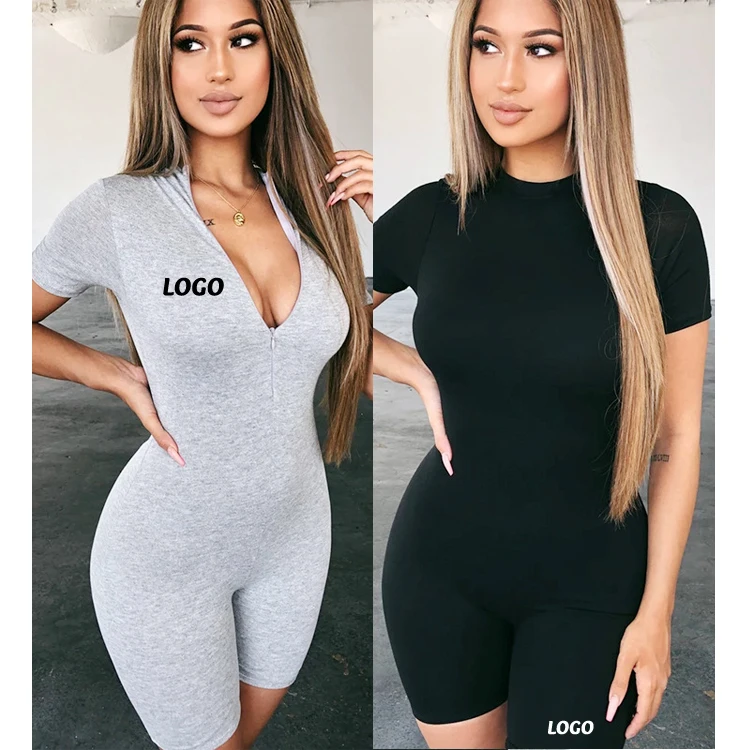 

Free Shipping Slim Cotton Clothing With Zippers Short Sleeve Tight Hip Up Short Sports Jumpsuits For Women Two Ways Wear, Customized color