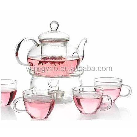 

Hand Blown 6-Piece Glass Teapot Gift Set with 4 Cups Teapot Warmer and Infuser, Transparent