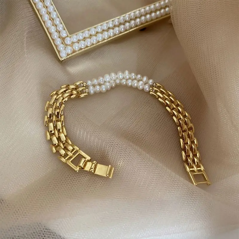 

Mix Layered Beaded Natural Freshwater Pearl Bracelet Wide Watch Strap Belt Chain Bracelets Women Baroque Vintage Luxury Jewelry, Gold
